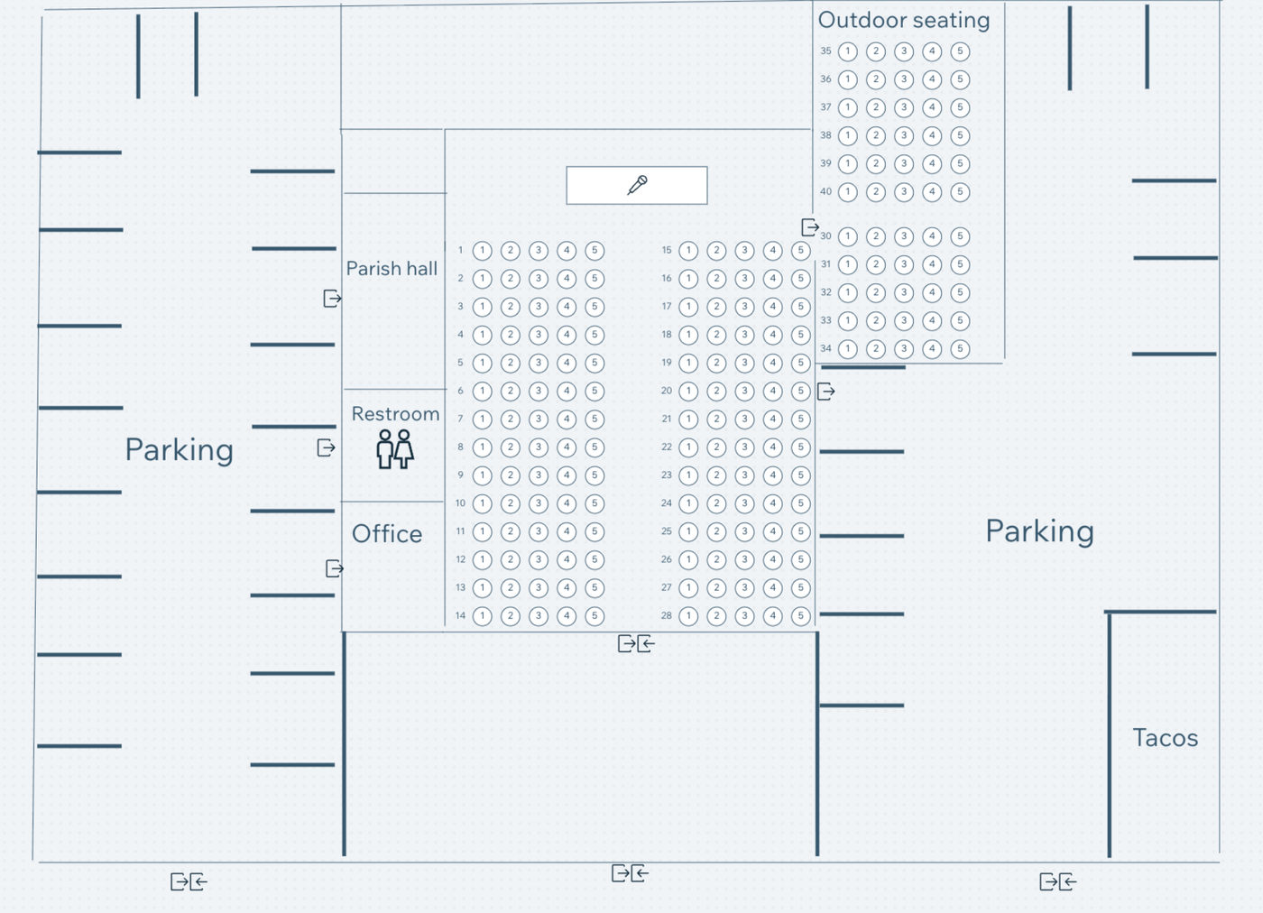 Church layout map: parking, parish hall, office and seating